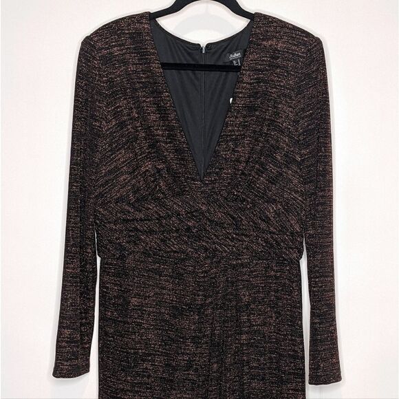 Aidan Mattox Copper V-Neck Gown with Waistband Maxi Dress Long Sleeves - Picture 5 of 11